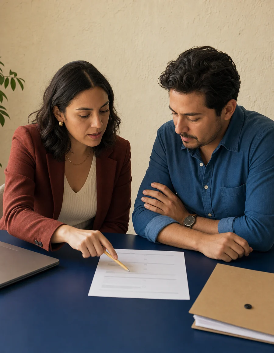 Dos personas revisan documentos y notas durante una conversación de trabajo.