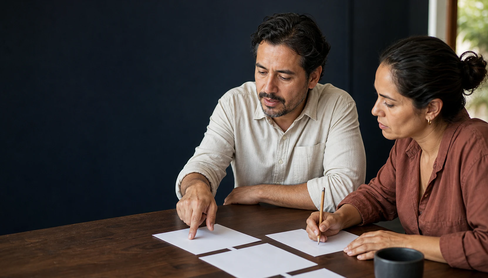 Dos personas conversan sobre una operación mientras ordenan decisiones en una mesa de trabajo.